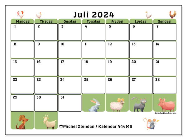 Kalender juli 2024, 444MS, klar til udskrivning og gratis.