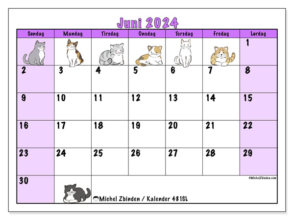 Kalender juni 2024, 481SL, klar til udskrivning og gratis.