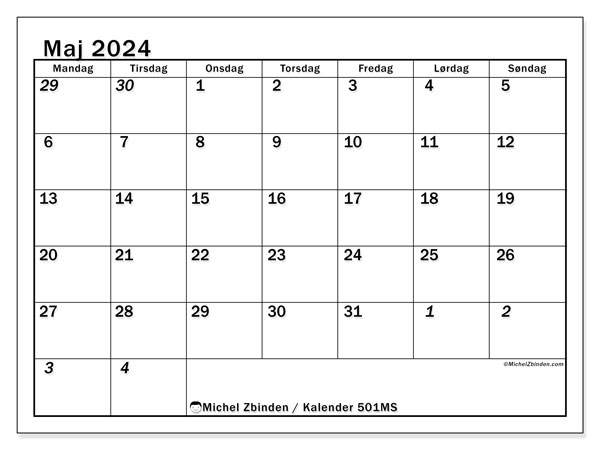 Kalender maj2024, 501MS, klar til udskrivning og gratis.