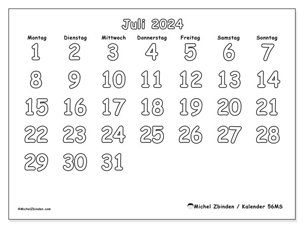 Kalender Juli 2024, 56MS, druckfertig und kostenlos.