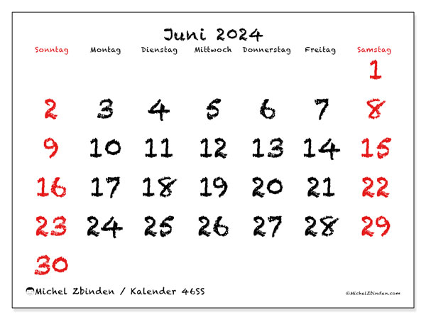 Kalender Juni 2024, 46SS, druckfertig und kostenlos.