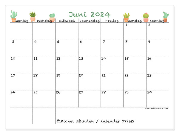Kalender Juni 2024, 772MS, druckfertig und kostenlos.