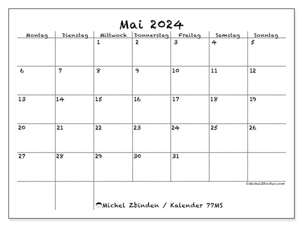 Kalender Mai 2024, 77MS, druckfertig und kostenlos.