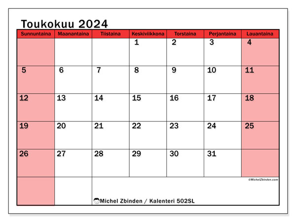 Kalenteri toukokuu 2024, 502SL, valmiina tulostettavaksi ja maksutta.