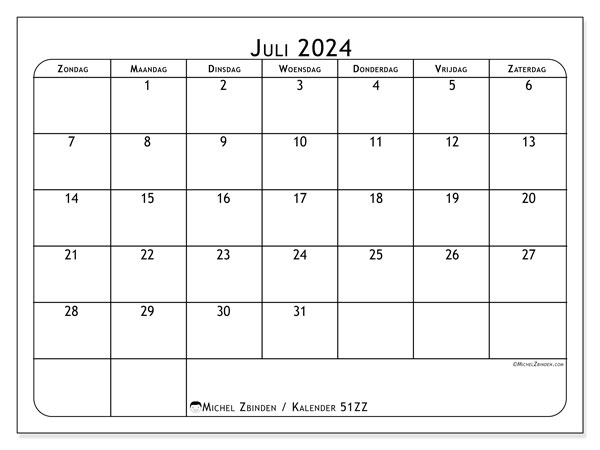 Kalender juli 2024, 51ZZ, klaar om af te drukken, gratis.