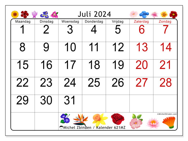 Kalender juli 2024, 621MZ, klaar om af te drukken, gratis.