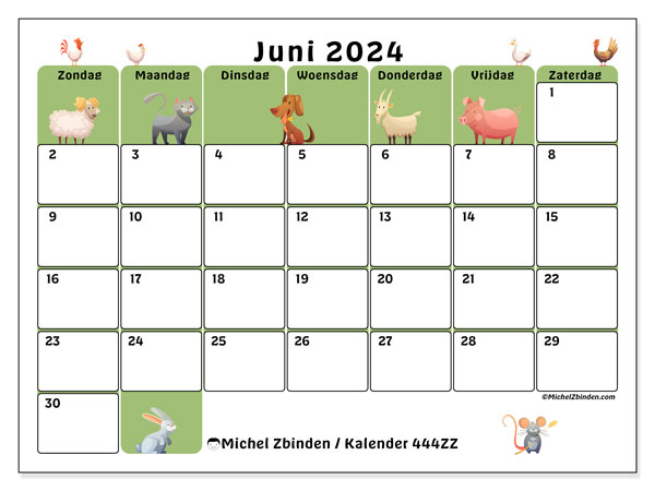 Kalender juni 2024, 444ZZ, klaar om af te drukken, gratis.