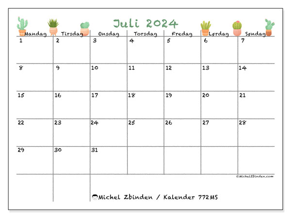 Kalender juli 2024, 772MS, klar til utskrift og gratis.