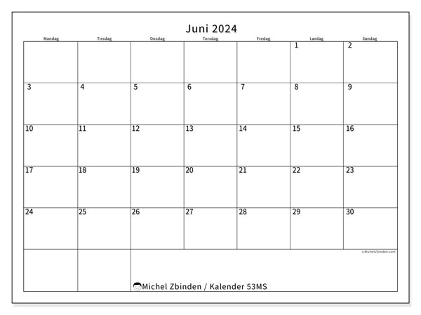 Kalender juni 2024, 53MS, klar til utskrift og gratis.