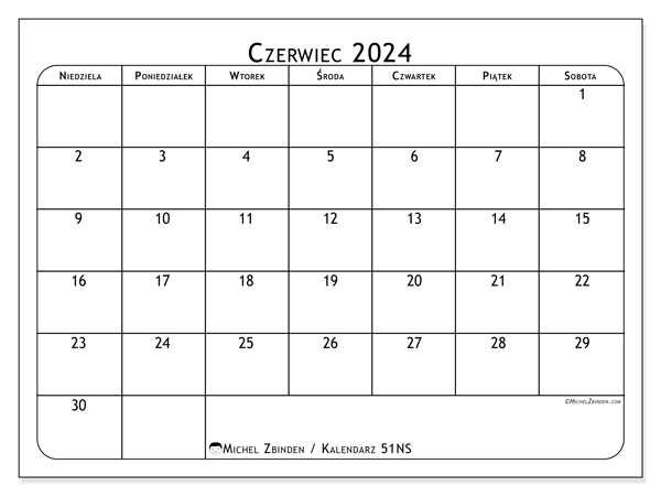 Kalendarz czerwiec 2024, 51NS, gotowe do druku i darmowe.
