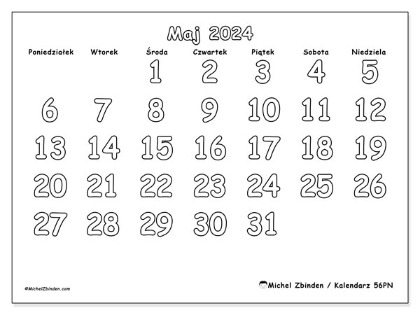 Kalendarz maj 2024, 56PN, gotowe do druku i darmowe.