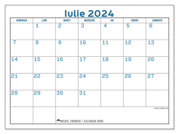 Calendar iulie 2024, 49DS, gata de a fi tipărite și gratuite.