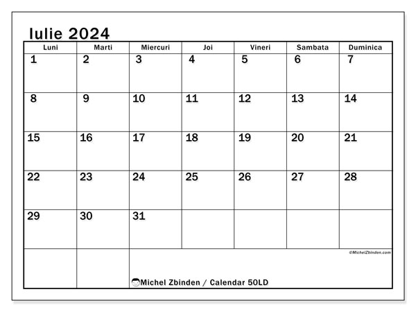 Calendar iulie 2024, 50LD, gata de a fi tipărite și gratuite.