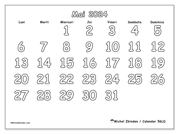 Calendar mai 2024, 56LD, gata de a fi tipărite și gratuite.