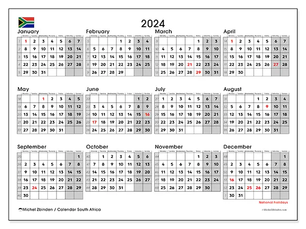 Free printable calendar South Africa for 2024. Week: Monday to Sunday.