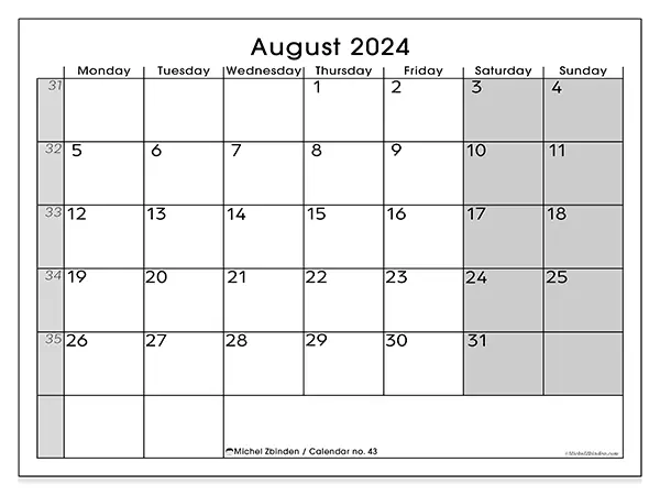 Free printable calendar n° 43 for August 2024. Week: Monday to Sunday.
