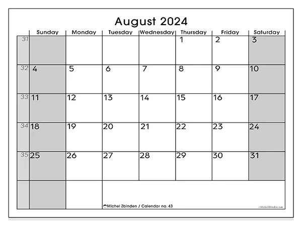 Free printable calendar n° 43 for August 2024. Week: Sunday to Saturday.