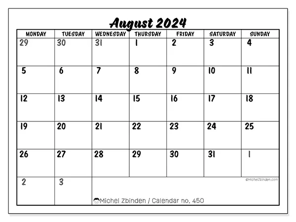 Free printable calendar n° 450 for August 2024. Week: Monday to Sunday.