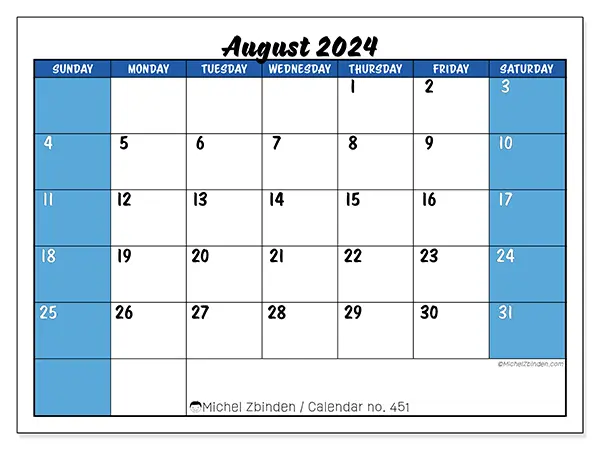 Free printable calendar n° 451 for August 2024. Week: Sunday to Saturday.