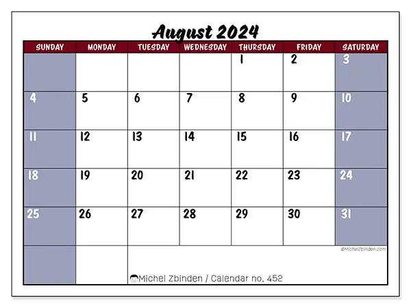 Free printable calendar n° 452 for August 2024. Week: Sunday to Saturday.