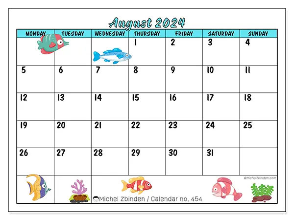 Free printable calendar n° 454 for August 2024. Week: Monday to Sunday.