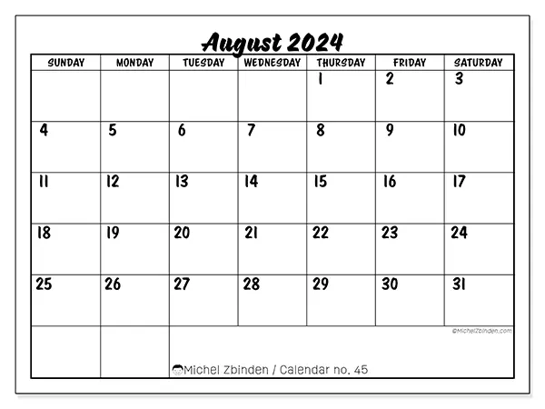 Free printable calendar n° 45 for August 2024. Week: Sunday to Saturday.