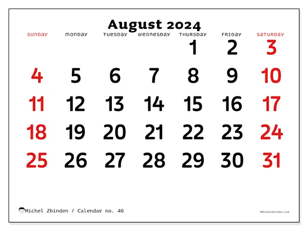 Free printable calendar no. 46 for August 2024. Week: Sunday to Saturday.