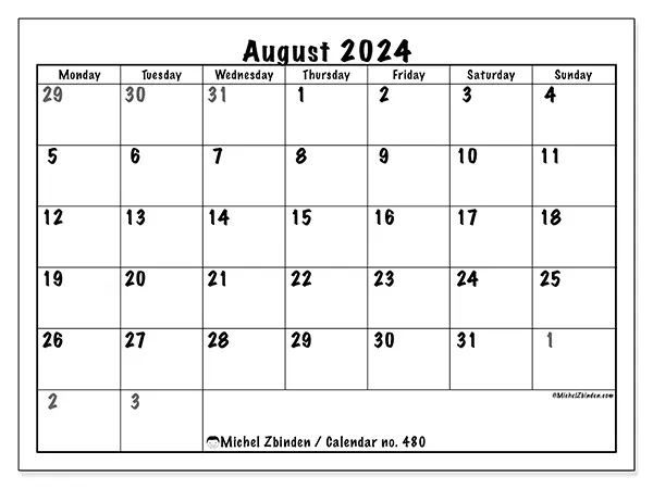 Free printable calendar no. 480 for August 2024. Week: Monday to Sunday.