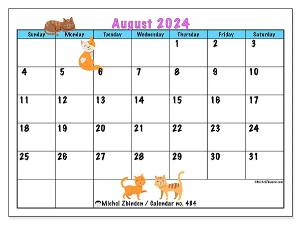 Free printable calendar no. 484 for August 2024. Week: Sunday to Saturday.