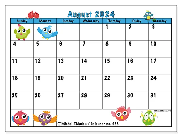 Free printable calendar no. 486 for August 2024. Week: Sunday to Saturday.