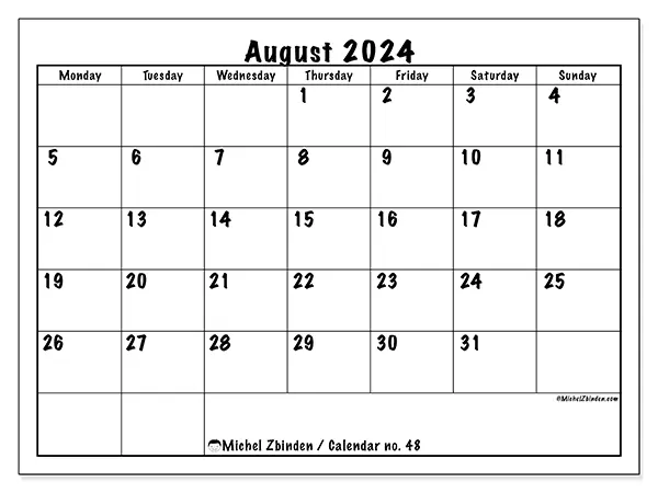 Free printable calendar no. 48 for August 2024. Week: Monday to Sunday.