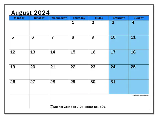 Free printable calendar no. 501, August 2025. Week:  Monday to Sunday