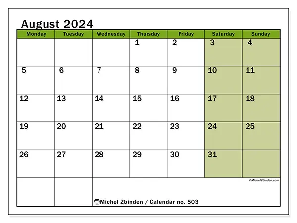 Free printable calendar no. 503 for August 2024. Week: Monday to Sunday.