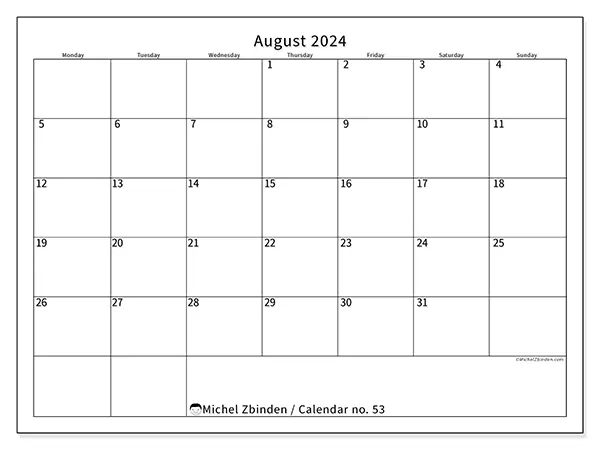 Free printable calendar no. 53 for August 2024. Week: Monday to Sunday.