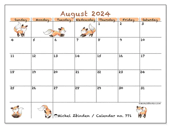 Free printable calendar no. 771 for August 2024. Week: Sunday to Saturday.