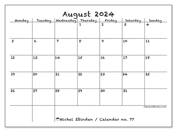 Free printable calendar no. 77 for August 2024. Week: Monday to Sunday.