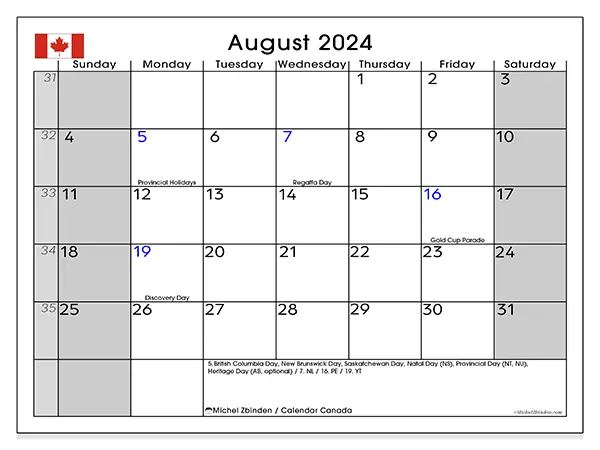 Free printable calendar Canada for August 2024. Week: Sunday to Saturday.