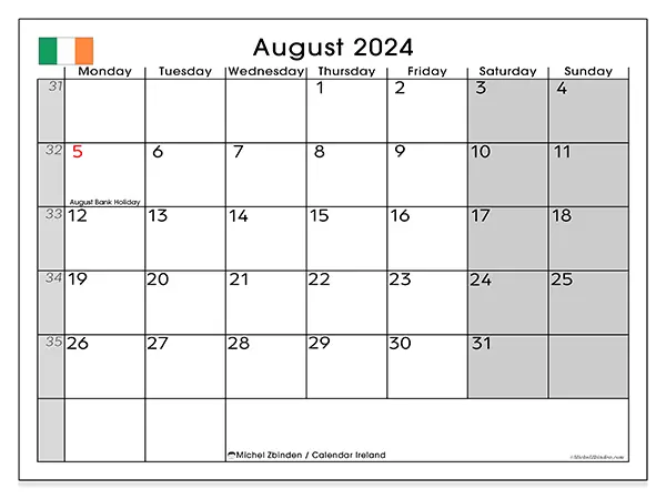 Free printable calendar Ireland for August 2024. Week: Monday to Sunday.