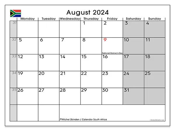Free printable calendar South Africa for August 2024. Week: Monday to Sunday.