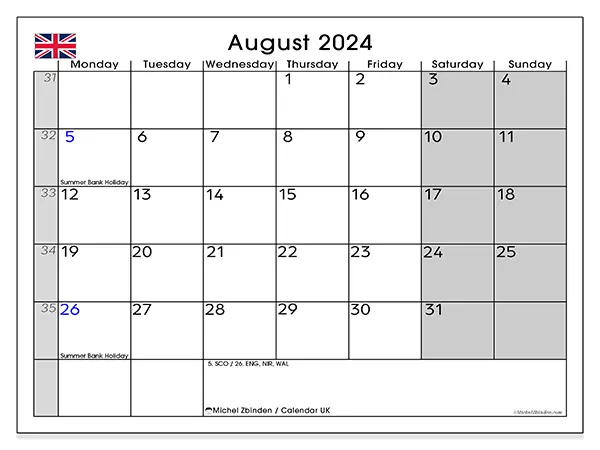 Free printable calendar UK for August 2024. Week: Monday to Sunday.