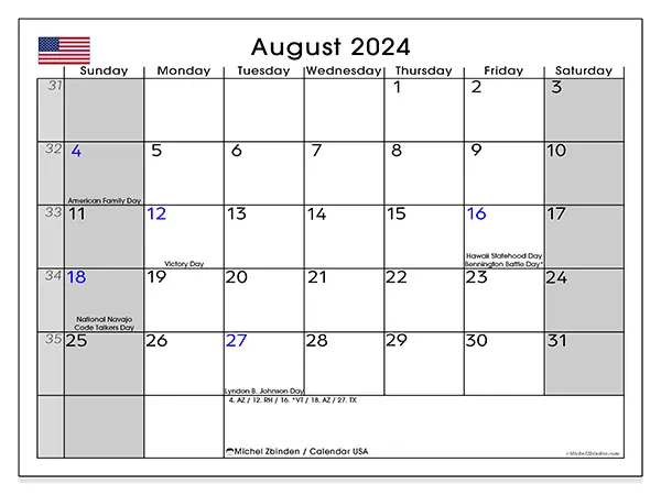 Free printable calendar USA for August 2024. Week: Sunday to Saturday.