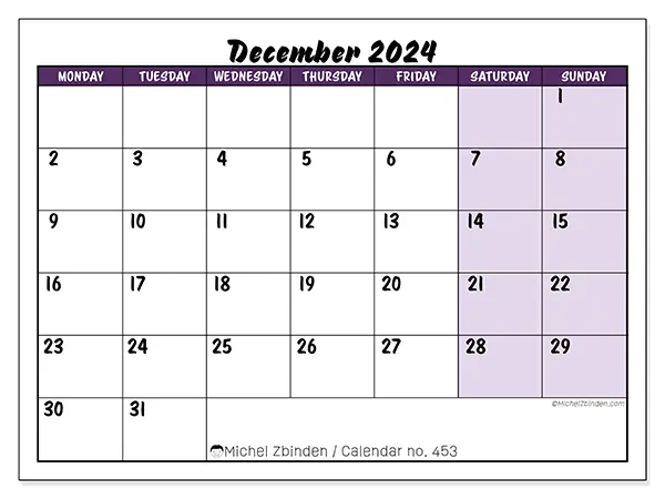 Printable calendar no. 453, December 2024