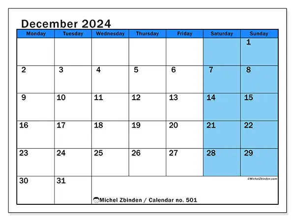 Free printable calendar no. 501 for December 2024. Week: Monday to Sunday.