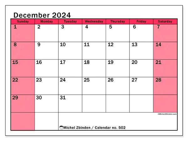 Printable calendar no. 502, December 2024