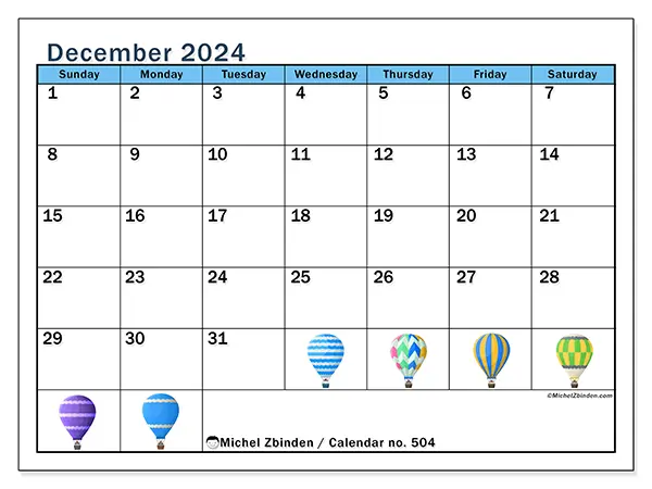Free printable calendar no. 504 for December 2024. Week: Sunday to Saturday.