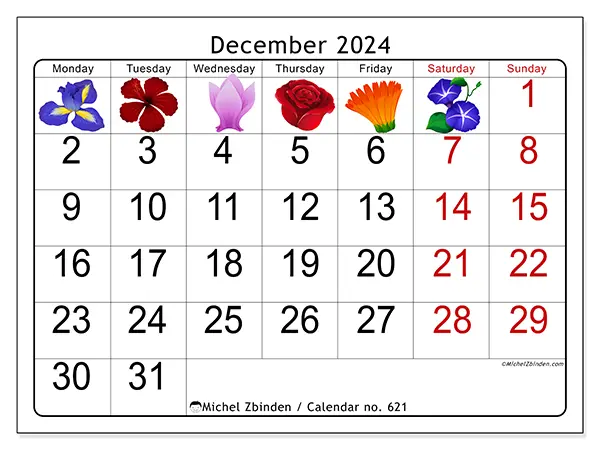 Free printable calendar no. 621 for December 2024. Week: Monday to Sunday.