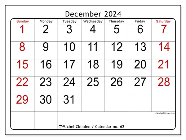 Printable calendar no. 62, December 2024