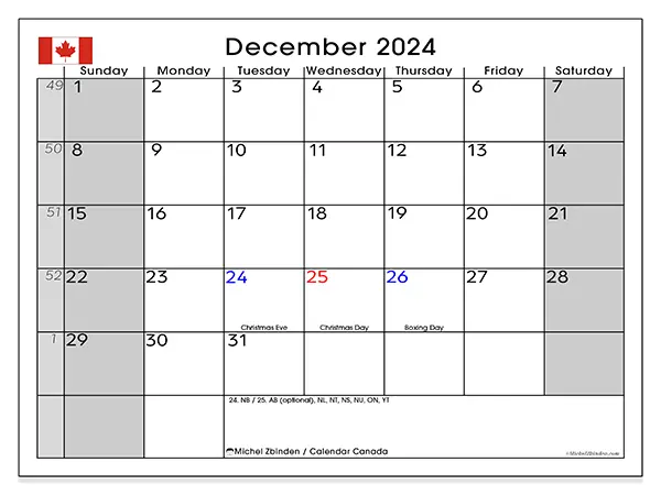 Free printable calendar Canada for December 2024. Week: Sunday to Saturday.