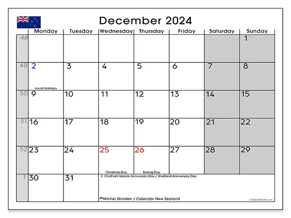 Free printable calendar New Zealand for December 2024. Week: Monday to Sunday.