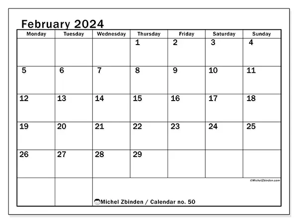 Free printable calendar no. 50, February 2025. Week:  Monday to Sunday